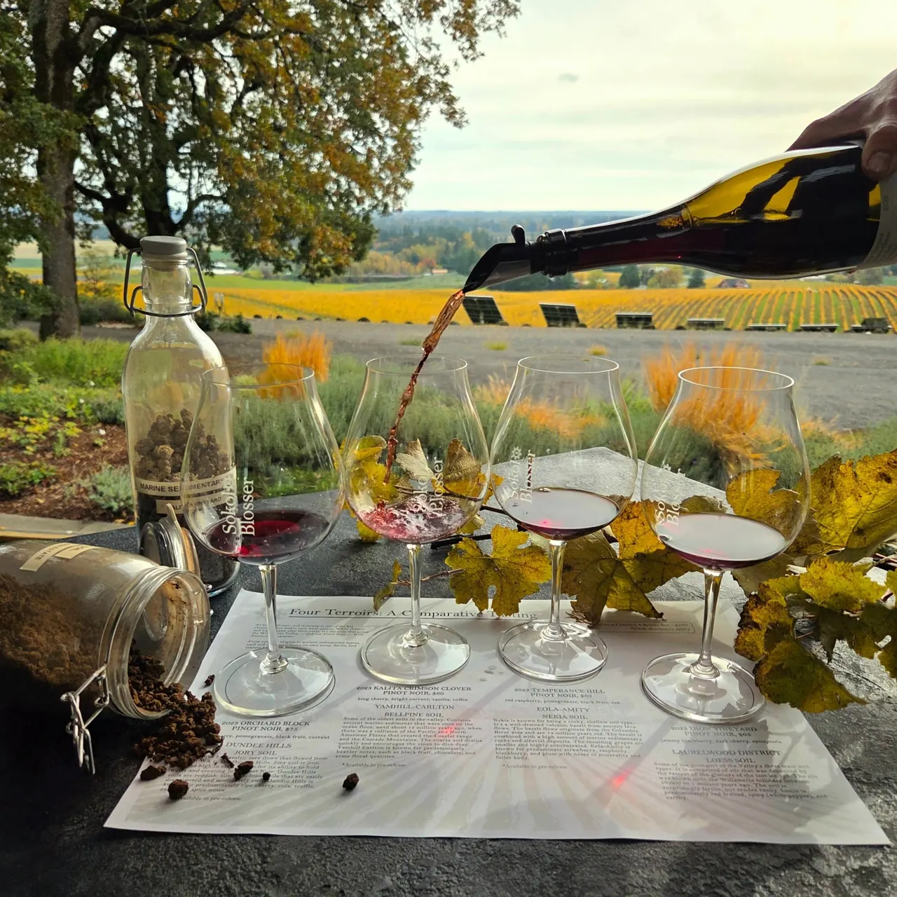 A Pinot Noir flight being poured on the terrace with golden vineyards behind
